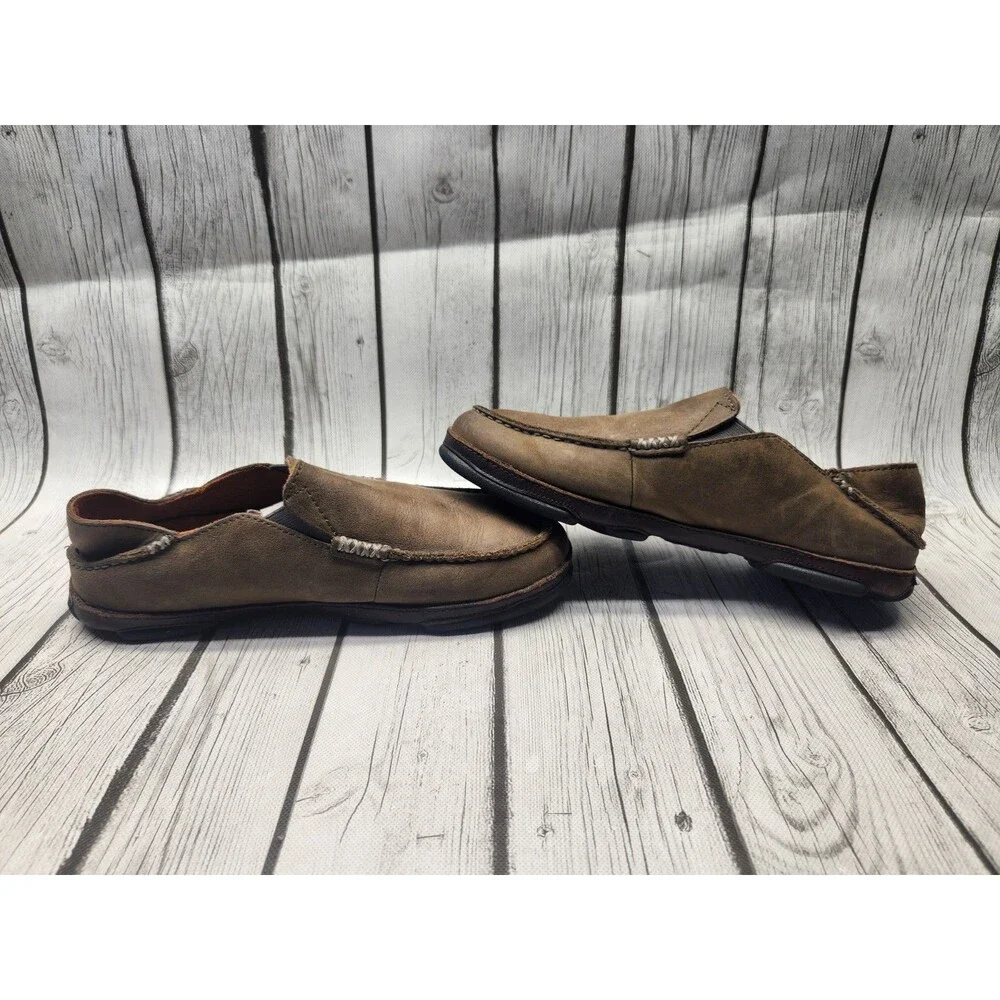 OluKai Moloa Shoes Men's 8.5 Brown Leather Slip On Casual Loafers Moccasin